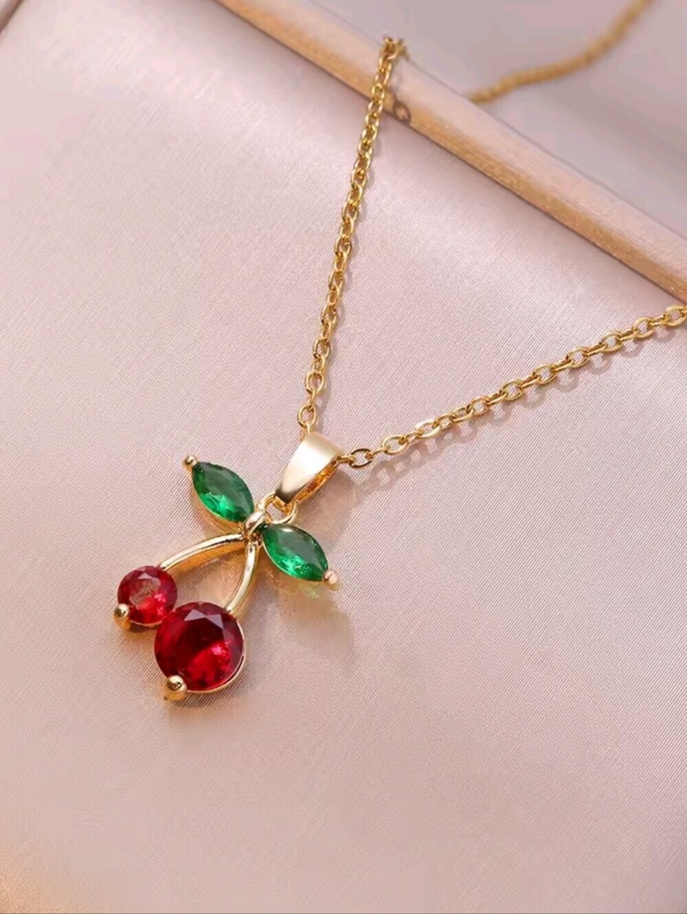 Stainless Steel Cherry Necklace Red Zircon Fruit Pendant Gold Tone